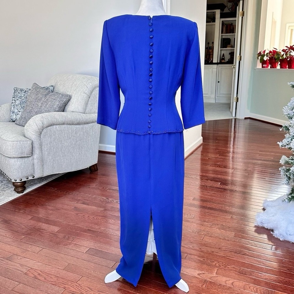 Vintage Donna Morgan Blue Beaded Embellished Long Sleeve Gown Dress Size 4 - Picture 5 of 12